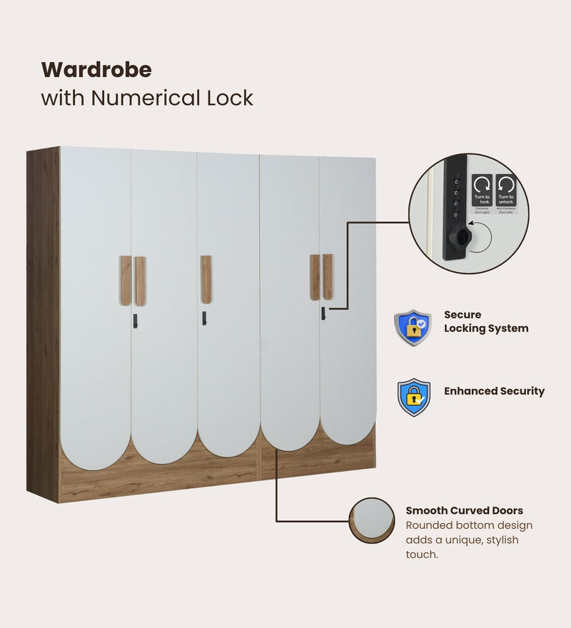 Opera Luxury 5 Door Wardrobe With Hidden Storage & Locker In Light Walnut & Frosty White Colour