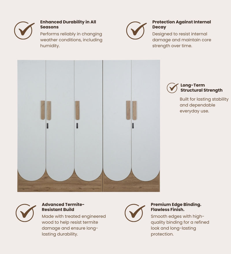 Opera Luxury 5 Door Wardrobe With Hidden Storage & Locker In Light Walnut & Frosty White Colour