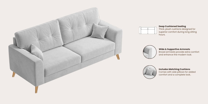 Opera Luxury Velvet Fabric 3 seater Sofa in Grey Colour
