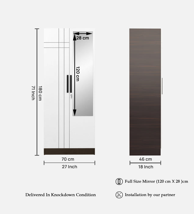Mustang 2 Door Wardrobe With Mirror & Locker In Black Wenge & Frosty White Colour