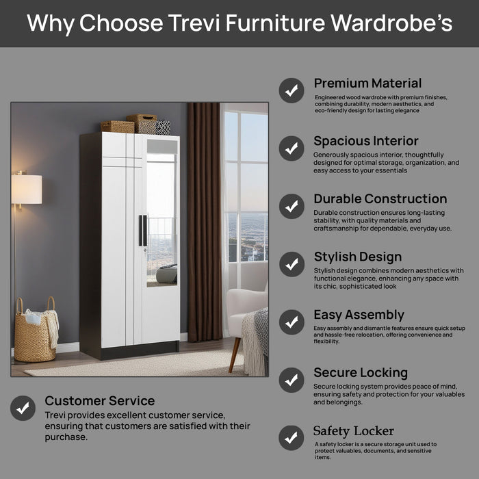 Mustang 2 Door Wardrobe With Mirror & Locker In Black Wenge & Frosty White Colour