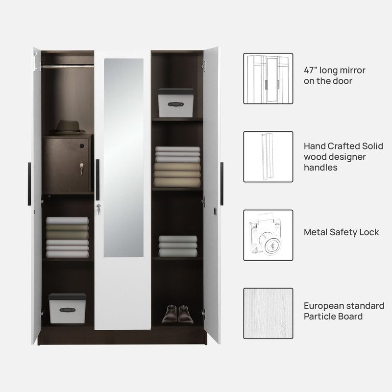 Mustang 3 Door Wardrobe With Mirror & Locker In Black Wenge & Frosty White Colour