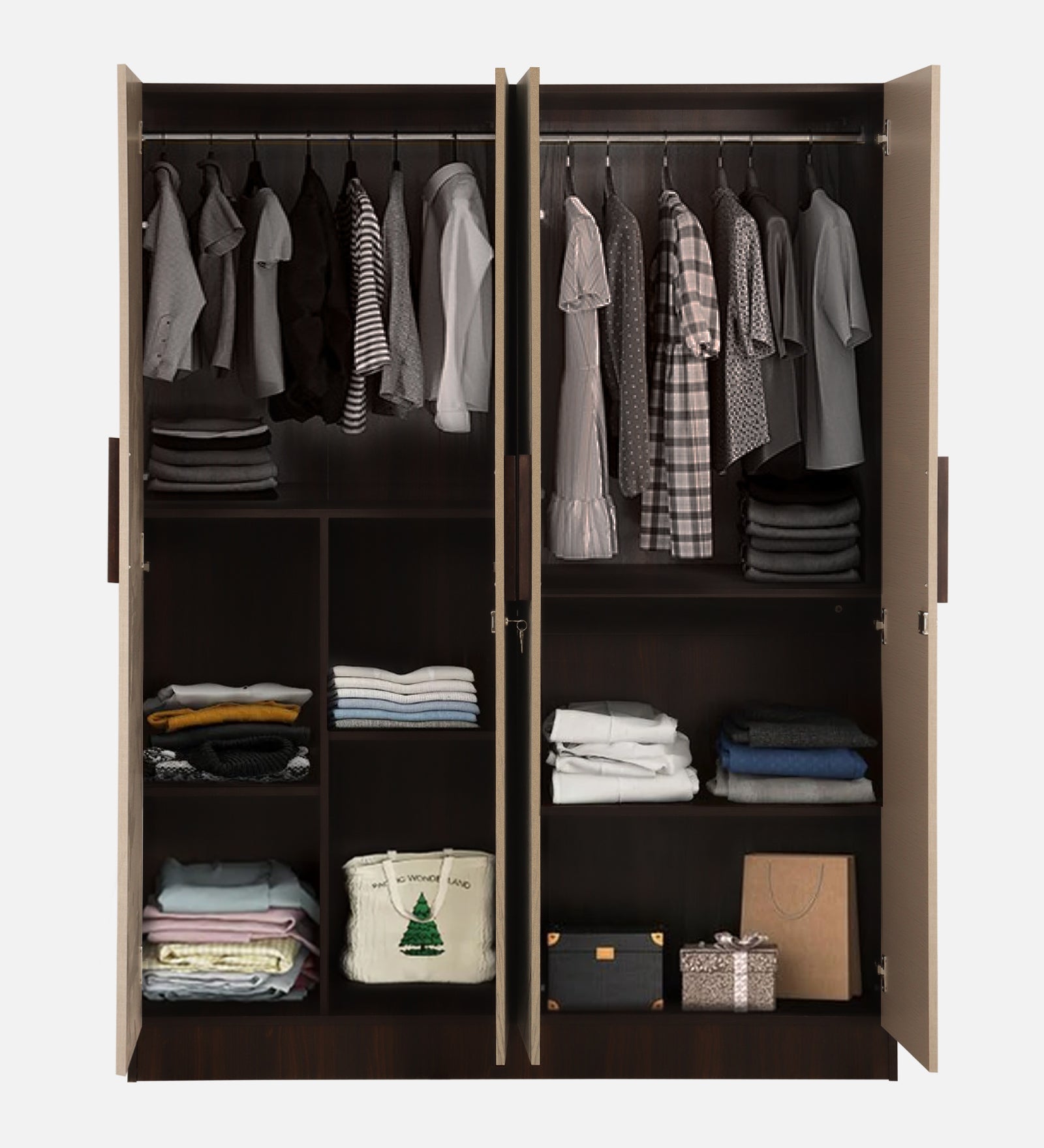 Trevi Mustang 4 Door Wardrobe- Dark Maple & Hazel Cambric — TREVI