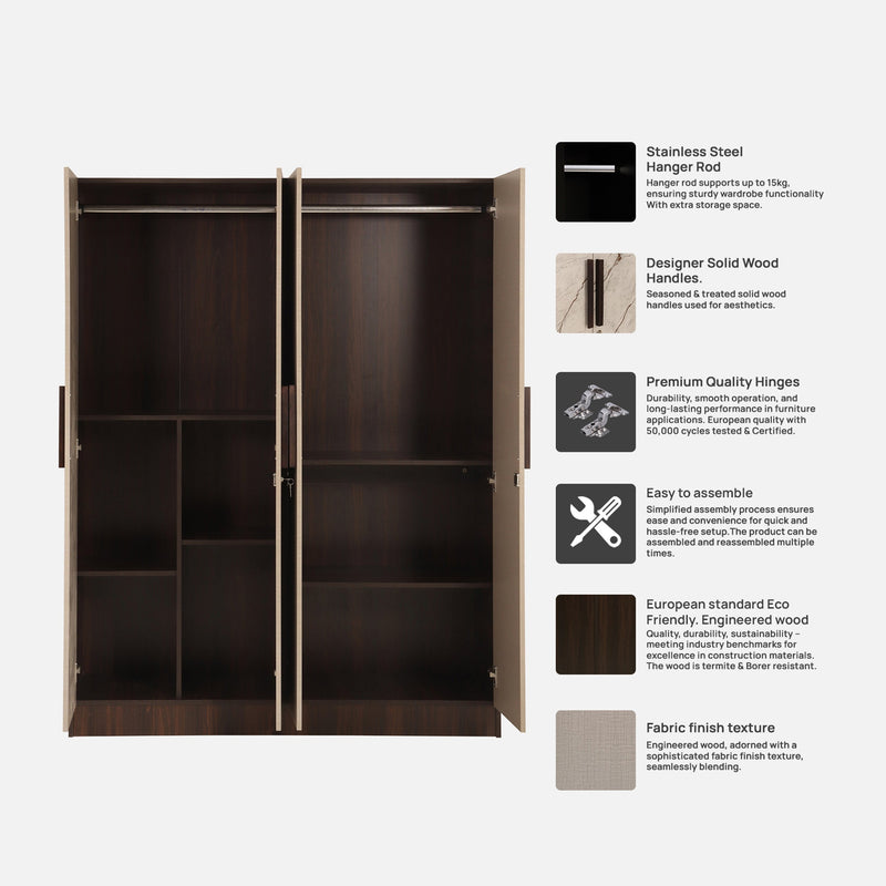 Trevi Mustang 4 Door Wardrobe- Dark Maple & Hazel Cambric