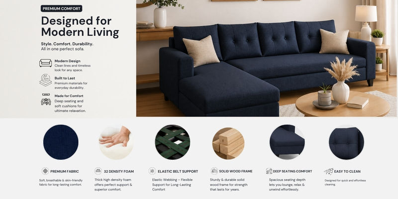 Norris Fabric LHS 6 Seater Sectional Sofa In Cool Cobalt Colour