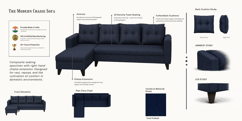 Norris Fabric LHS 6 Seater Sectional Sofa In Cool Cobalt Colour