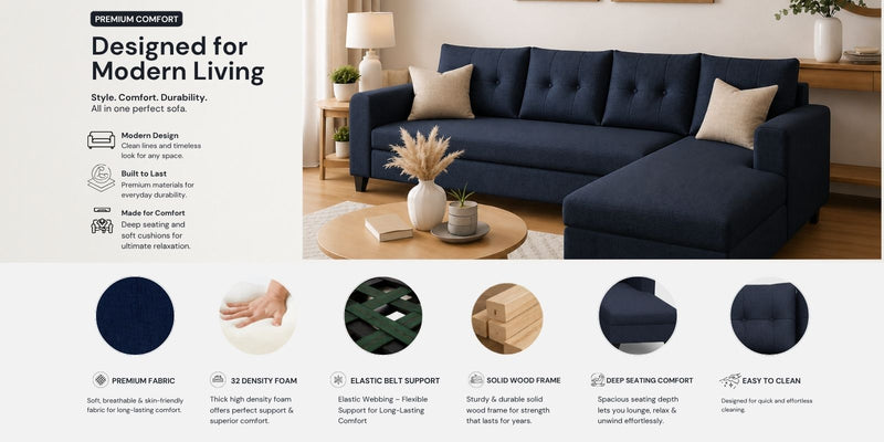 Norris Fabric RHS 6 Seater Sectional Sofa In Cool Cobalt Colour