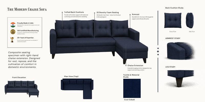 Norris Fabric RHS 6 Seater Sectional Sofa In Cool Cobalt Colour