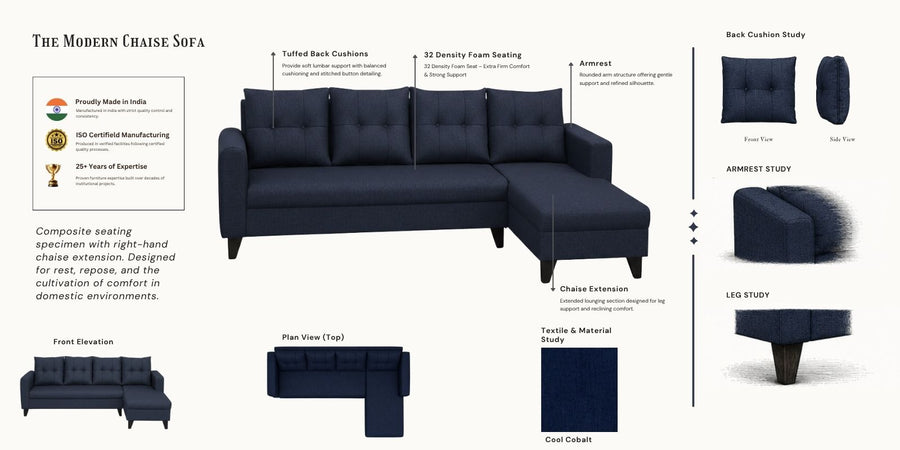 Norris Fabric RHS 6 Seater Sectional Sofa In Cool Cobalt Colour