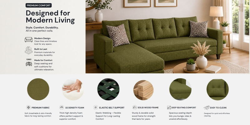 Norris Fabric LHS 6 Seater Sectional Sofa In Moss Green Colour
