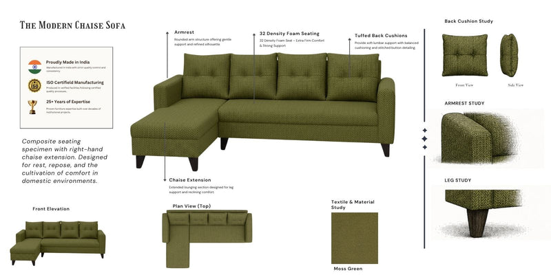 Norris Fabric LHS 6 Seater Sectional Sofa In Moss Green Colour