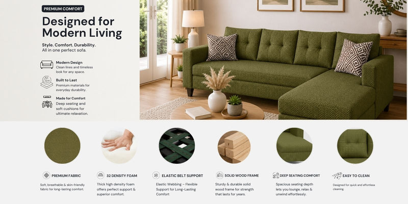 Norris Fabric RHS 6 Seater Sectional Sofa In Moss Green Colour