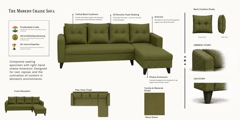 Norris Fabric RHS 6 Seater Sectional Sofa In Moss Green Colour