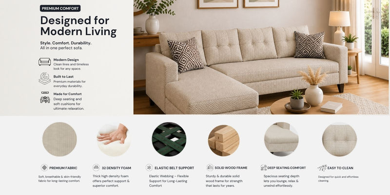 Norris Fabric LHS 6 Seater Sectional Sofa In Silk Cream Colour