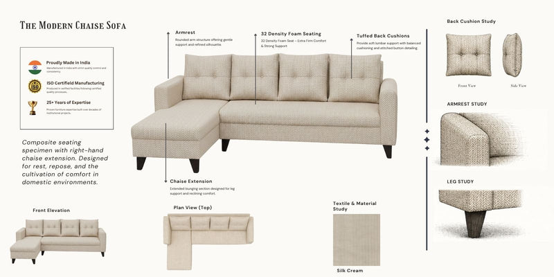 Norris Fabric LHS 6 Seater Sectional Sofa In Silk Cream Colour
