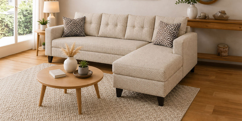 Norris Fabric RHS 6 Seater Sectional Sofa In Silk Cream Colour