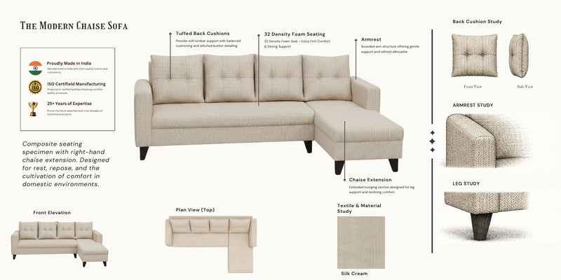 Norris Fabric RHS 6 Seater Sectional Sofa In Silk Cream Colour