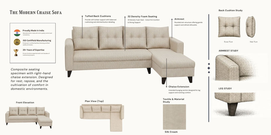 Norris Fabric RHS 6 Seater Sectional Sofa In Silk Cream Colour