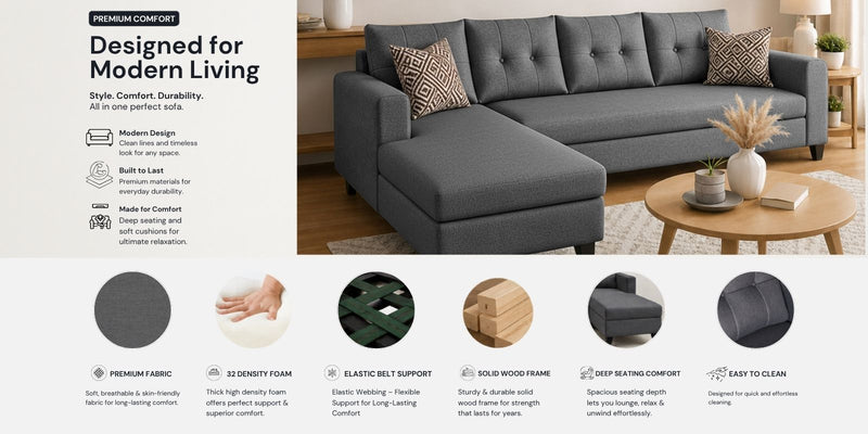 Norris Fabric LHS 6 Seater Sectional Sofa In Steel Grey Colour