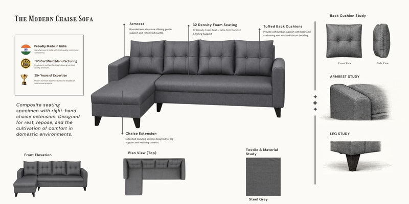 Norris Fabric LHS 6 Seater Sectional Sofa In Steel Grey Colour