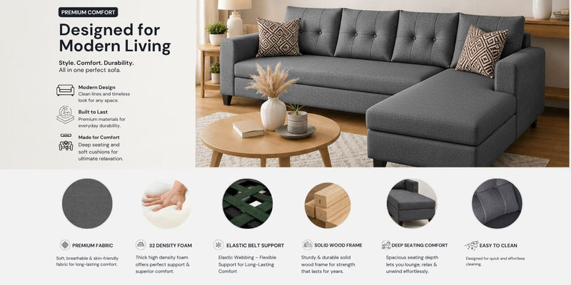 Norris Fabric RHS 6 Seater Sectional Sofa In Steel Grey Colour