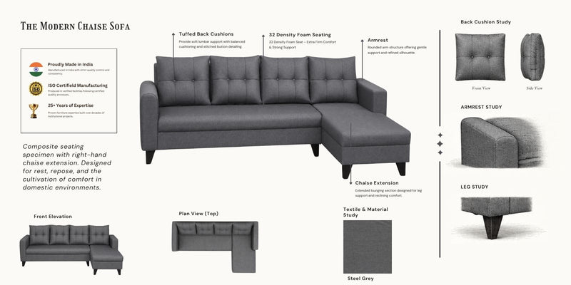 Norris Fabric RHS 6 Seater Sectional Sofa In Steel Grey Colour