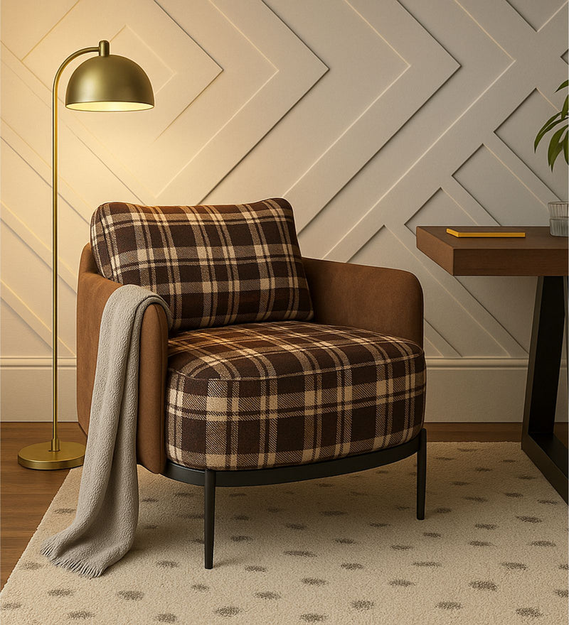 Olivia Fabric Lounge Chair In Rustic Tartan & Clay Hide Colour