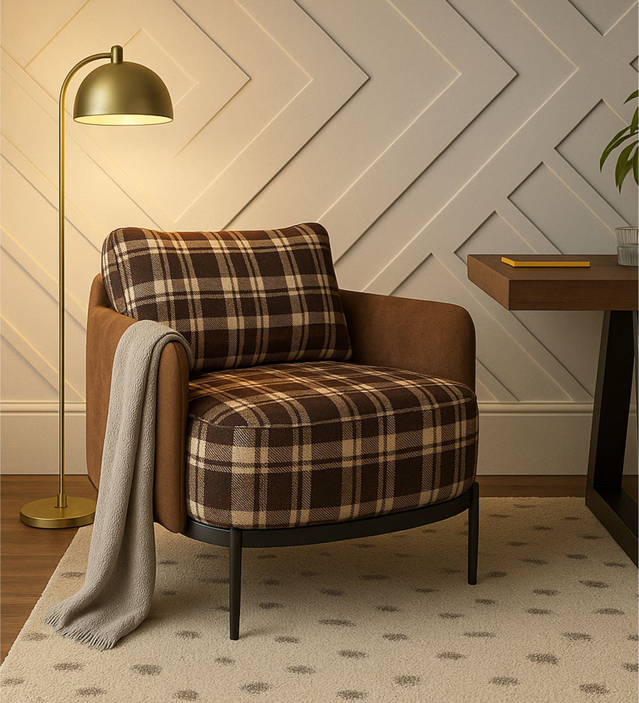 Olivia Fabric Lounge Chair In Rustic Tartan & Clay Hide Colour