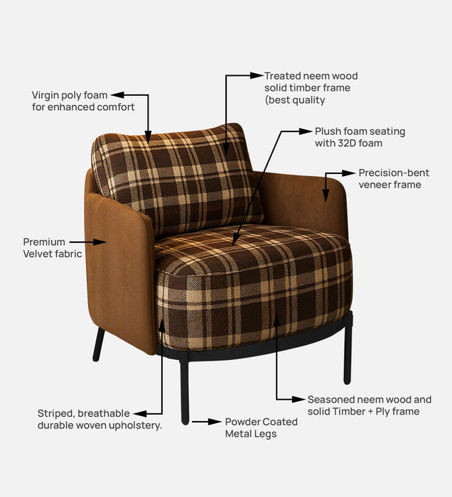 Olivia Fabric Lounge Chair In Rustic Tartan & Clay Hide Colour