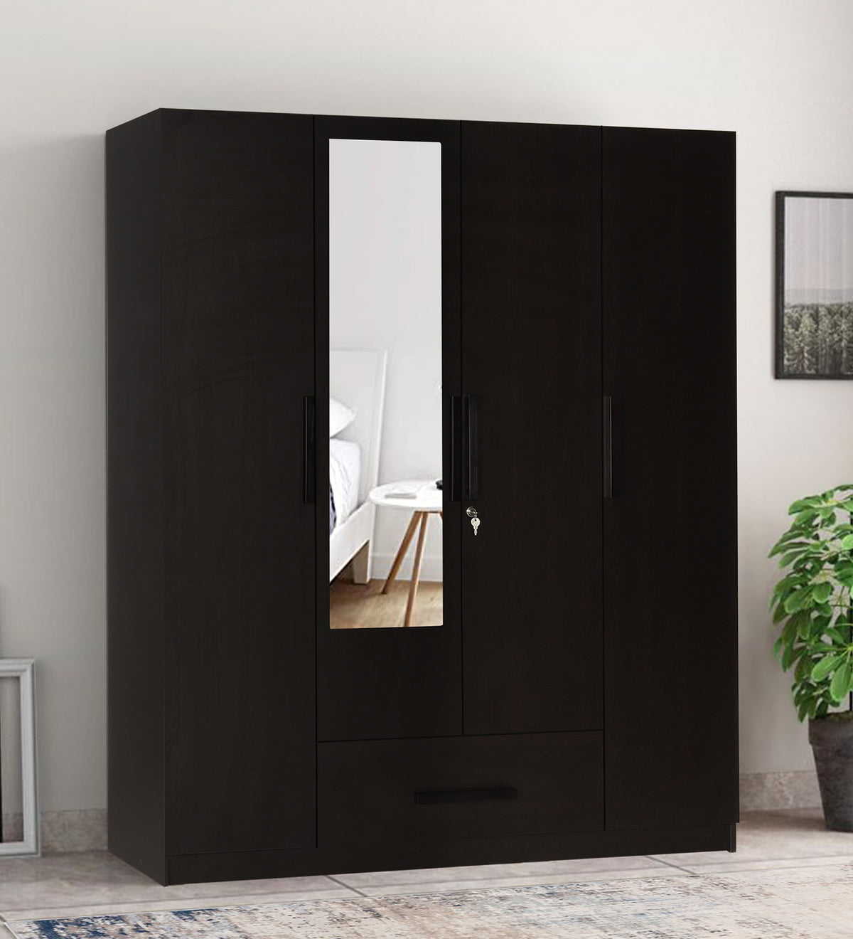 Mustang 4 Door Wardrobe With Drawer & With Mirror In Dark Wenge