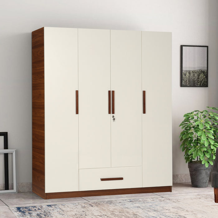 Ozone 4 Door Wardrobe With Drawer without Mirror In Milky Teak & White Colour