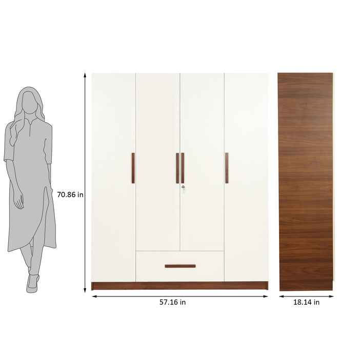 Ozone 4 Door Wardrobe With Drawer without Mirror In Milky Teak & White Colour