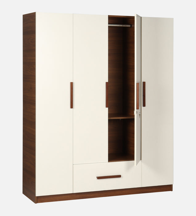 Ozone 4 Door Wardrobe With Drawer without Mirror In Milky Teak & White Colour