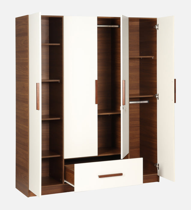 Ozone 4 Door Wardrobe With Drawer without Mirror In Milky Teak & White Colour