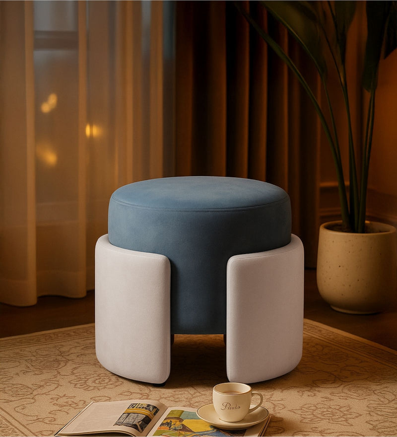Paradiso Velvet Pouffe In Baltic Blue & Camel Beige Colour