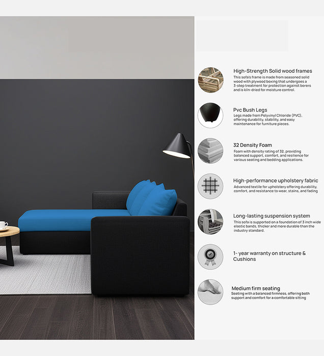 Phantom Fabric LHS 6 Seater Sectional Sofa In Mystic black & Blue Color