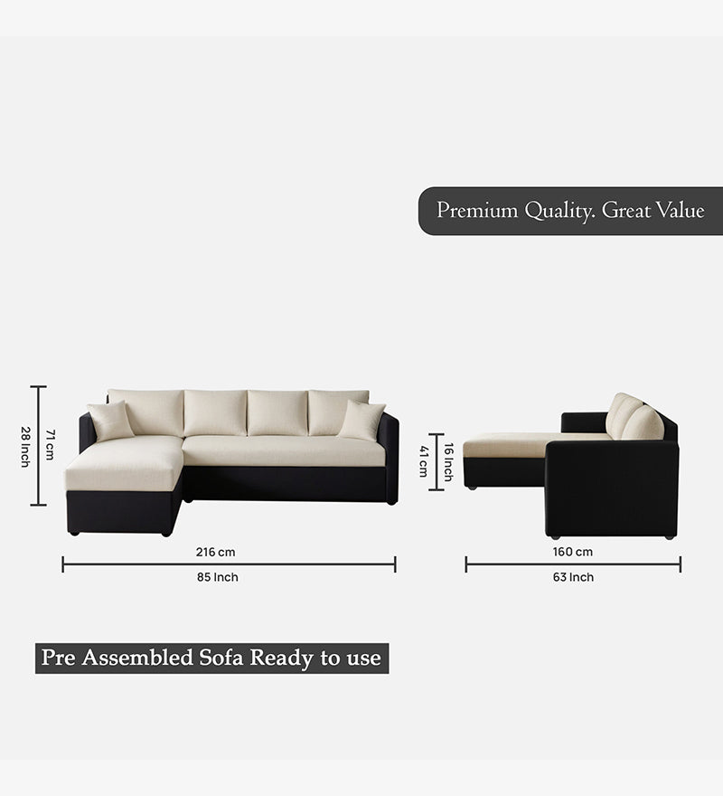 Phantom Fabric LHS 6 Seater Sectional Sofa In Mystic black & Creamy Cashmere Color