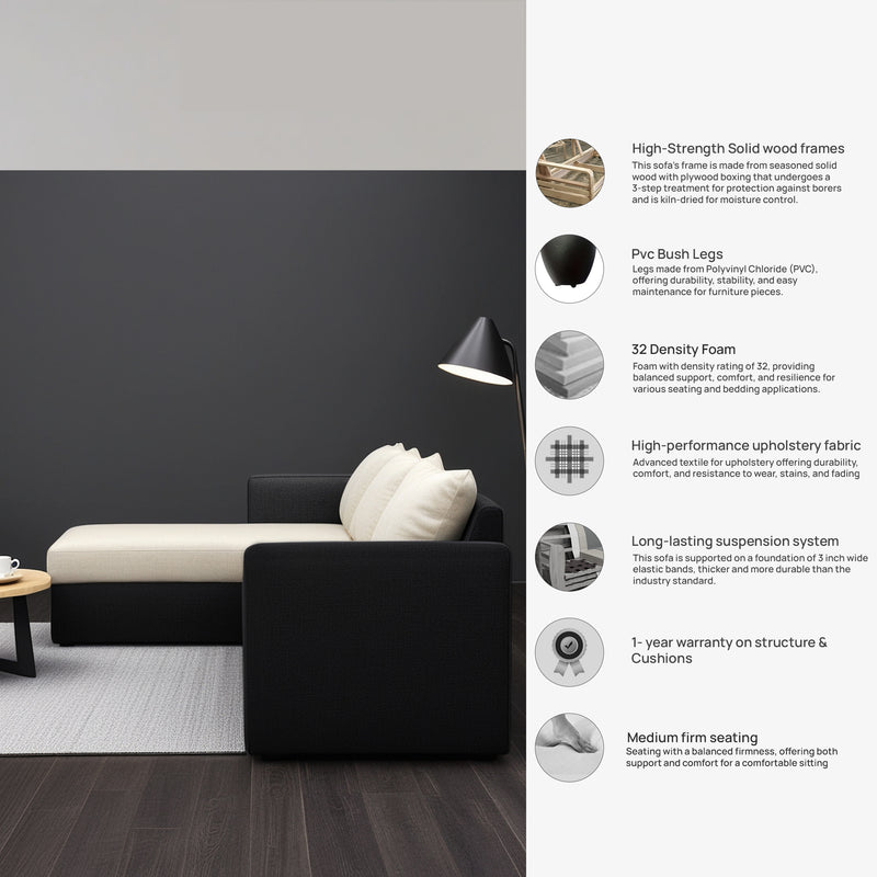 Phantom Fabric LHS 6 Seater Sectional Sofa In Mystic black & Creamy Cashmere Color