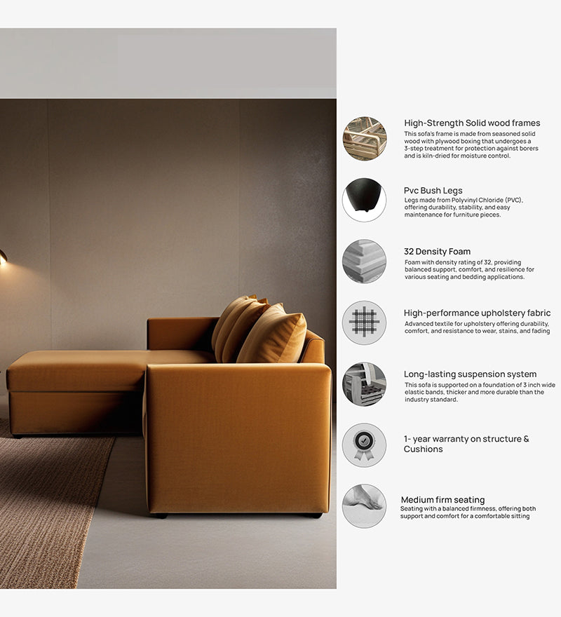 Phantom Velvet LHS 6 Seater Sectional Sofa In Mocha Color