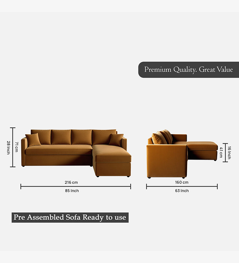 Phantom Velvet RHS 6 Seater Sectional Sofa In Mocha Color