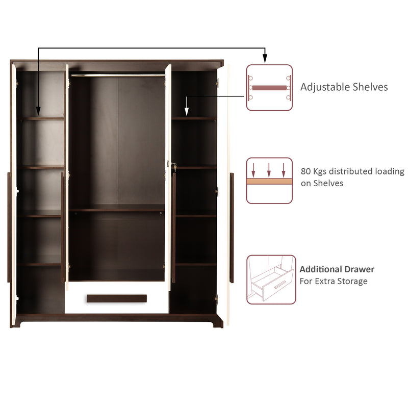 Regal Grand 4 Door Engineered Wood with Mirror & with 1 Drawer -Walnut & White