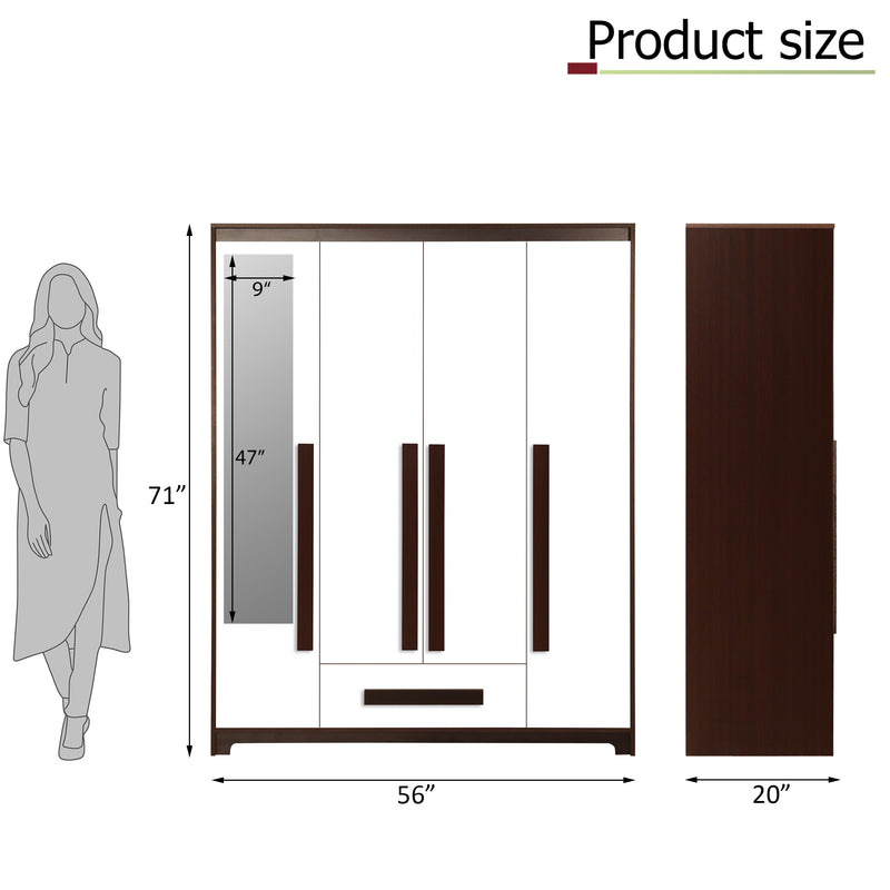 Regal Grand 4 Door Engineered Wood with Mirror & with 1 Drawer -Walnut & White