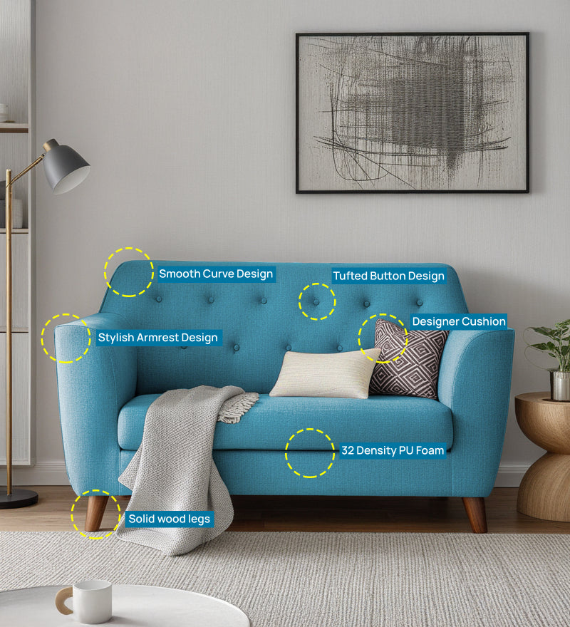 Rome Fabric 2 Seater Sofa In Blue Color