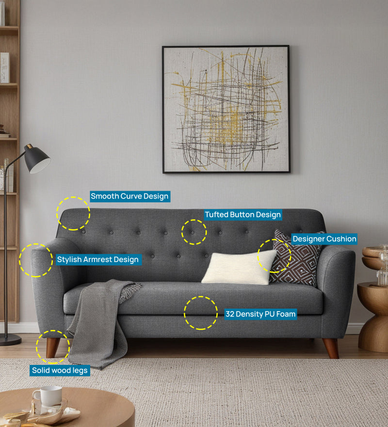 Rome Fabric 3 Seater Sofa In Grey Color