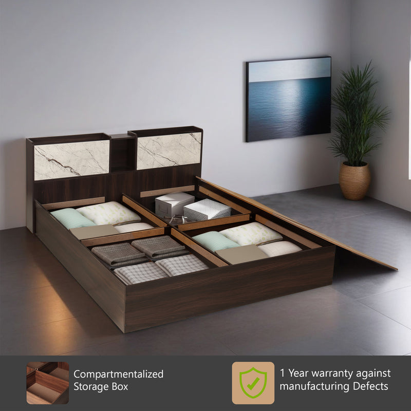 Trinity King & Queen Size Bed With Storage In Dark Maple & White Stone / Vintage Sheesahm Colour