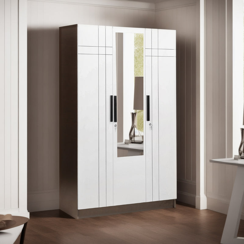 Mustang 3 Door Wardrobe With Mirror & Locker In Black Wenge & Frosty White Colour