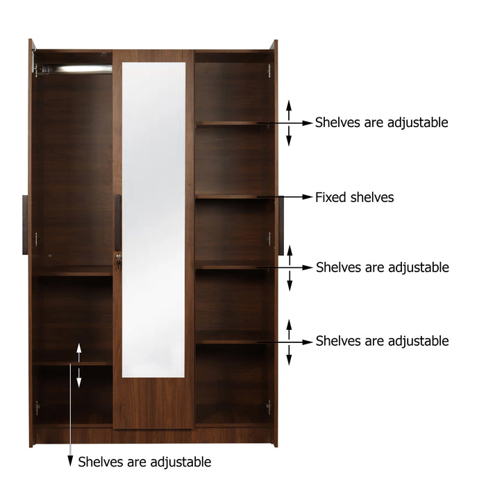 Ozone Engineered Wood 3 Door Wardrobe (Finish Color - Bali Teak, Mirror Included, Knock Down)