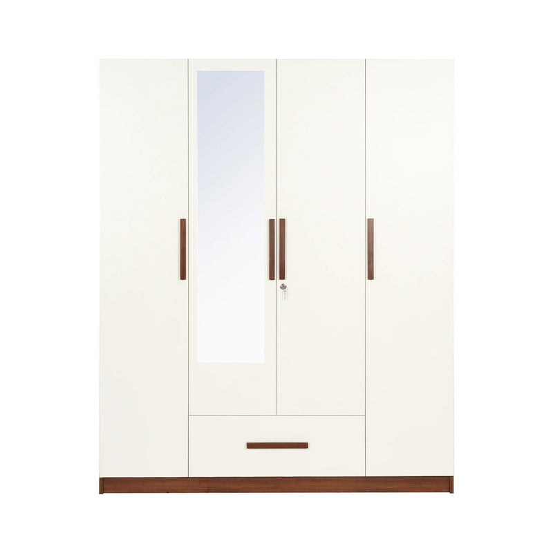 Mustang 4 Door Wardrobe With Drawer & With Mirror In Bali Teak & Frosty White Colour