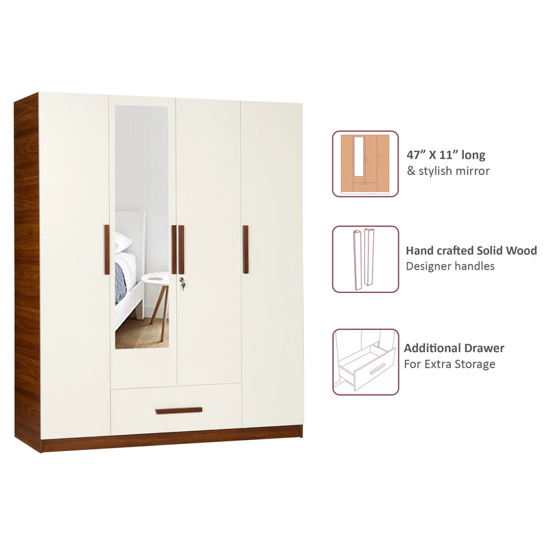 Mustang 4 Door Wardrobe With Drawer & With Mirror In Bali Teak & Frosty White Colour