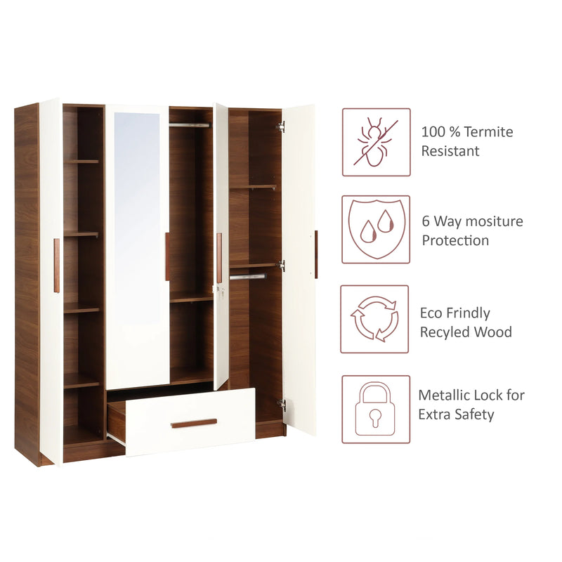Mustang 4 Door Wardrobe With Drawer & With Mirror In Bali Teak & Frosty White Colour